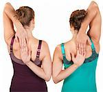Back view of women stretching their arms over white background