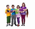 Kids having fun lifting their friend in their arms - isolated