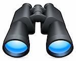 Black binoculars with blue lenses.