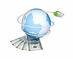 Money, Earth and patchkord. 3d rendered. Isolated on white background.