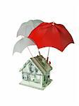 Small house made of money and three umbrellas above. 3d rendered. Isolated on white background.