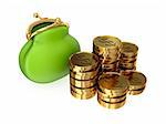 Green purse and golden coins. Isolated on white background. 3d rendered.