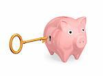 Pink piggy-bank with keyhole and vintage golden key. Isolated on white background. 3d rendered.