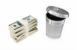 Big dollar's pack and dustbin.3d rendered.Isolated on white background.