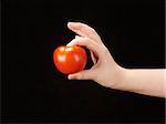 Childs hand with tomatoe - on black background