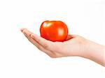 Childs hand with tomatoe and palm facing up - on white background