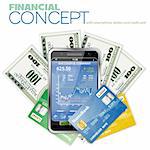 Financial Concept with Touchphone (Stock Market Application), Dollar Bills and Credit Cards, vector