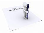 3d person holding a blue pen is on top of a job application paper