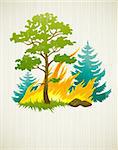 wildfire disaster with burning forest tree and firtrees vector illustration on the textured background EPS10. Transparent objects used for shadows and lights drawing