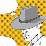 comic style drawing of a man with a retro hat and a speech bubble for your text