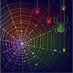 Dark background with  colorful spiders, web and water drops.