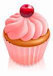 Illustration of a  pink fairy cake cupcake with cherry on top