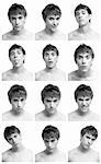 Young man face expressions composite black and white isolated.