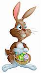 Easter bunny rabbit holding Easter basket full of decorated Easter eggs