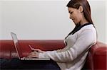 E-commerce with happy woman using pc and credit card while shopping on the web at home. Side view, copy space