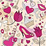 seamless pattern with flowers, cakes,  shoes, lipstick, strawberry and other things