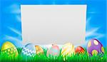Easter sign illustration in meadow with sun rays and decorated Easter eggs