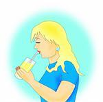 A blonde girl drinking from a     straw.