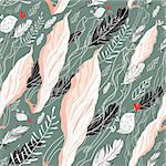 seamless pattern of pink fabric and feathers on a green background with birds