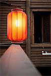Hanging red lantern on the traditional wooden wall background