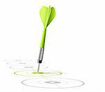 marketing strategy symbol. One green dart hitting the center of a target with many grey other targets in a row. Vector file, white background