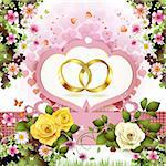 Two wedding rings with hearts and flowers