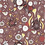 Seamless floral pattern with birds on the burgundy background