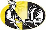illustration of a medieval baker baking holding a  bread pan into wood fire oven set inside ellipse done in retro woodcut style.