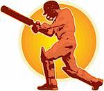 graphic design illustration of a cricket player batsman batting done in retro style