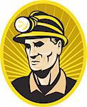 illustration of a coal miner with hardhat facing front set inside oval with sunburst on isolated background