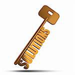 Solutions gold key isolated on white  background - Gold key with Solutions text as symbol for success in business - Conceptual image