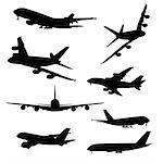 Airplane silhouettes, black isolated on white background