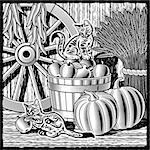 Kittens play in a barn with harvest. Black and white vector illustration in woodcut style with clipping mask.