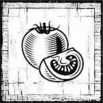 Retro tomato with a slice on wooden background. Black and white vector illustration in woodcut style.