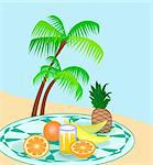 A table with fruit, a glass of     juice, and two palm trees in the     background.