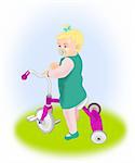 A little blond girl sitting on a purple tricycle.