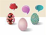 Social media eggs set decorated for Happy Easter with colorful dialogue bubbles on white background. Vector file layered for easy manipulation and customisation.