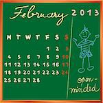 2013 calendar on a chalkboard, february design with the open minded student profile for international schools