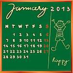 2013 calendar on a chalkboard, january design with the happy student profile for international schools