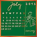 2013 calendar on a chalkboard, july design with the caring student profile for international schools