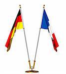 Flags of Germany and France on golden pedestal isolated on white