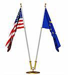 Flags of USA  and European union on golden pedestal isolated on white