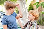 Boy feeling brothers biceps outdoors