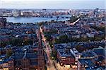 High angle view of Back Bay Boston, Berkeley Street and The Charles River at dusk, Boston, Massachusetts, USA