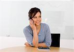 Portrait of businesswoman sitting at desk and talking on mobile phone