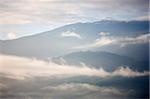 Tôt le matin brume stagnant au-dessus des montagnes à l'extérieur de Thimphu, Bhoutan, Himalaya, Asie