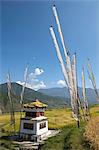 Chorten and prayer flags in the Punakha Valley near Chimi Lhakhang Temple, Punakha, Bhutan, Himalayas, Asia