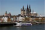 Church of Great Saint Martin and Cathedral, seen across the River Rhine, Cologne, North Rhine Westphalia, Germany, Europe