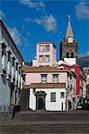 An old square with the tower of the 17th century Se Cathedral, Funchal, Madeira, Portugal, Atlantic, Europe