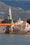 Budva fortified old town on the Adriatic coast with the tower of St. John's Church, Budva, Montenegro, Europe